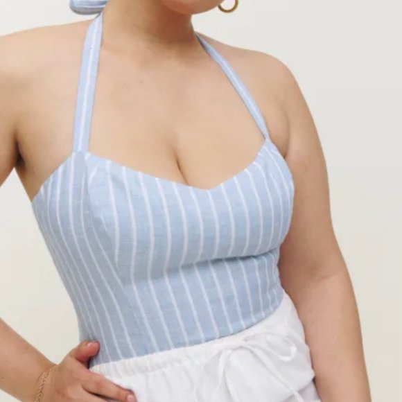 Reformation Jenna Linen Top in Mineral Stripe - Size 2 - Picture 5 of 6